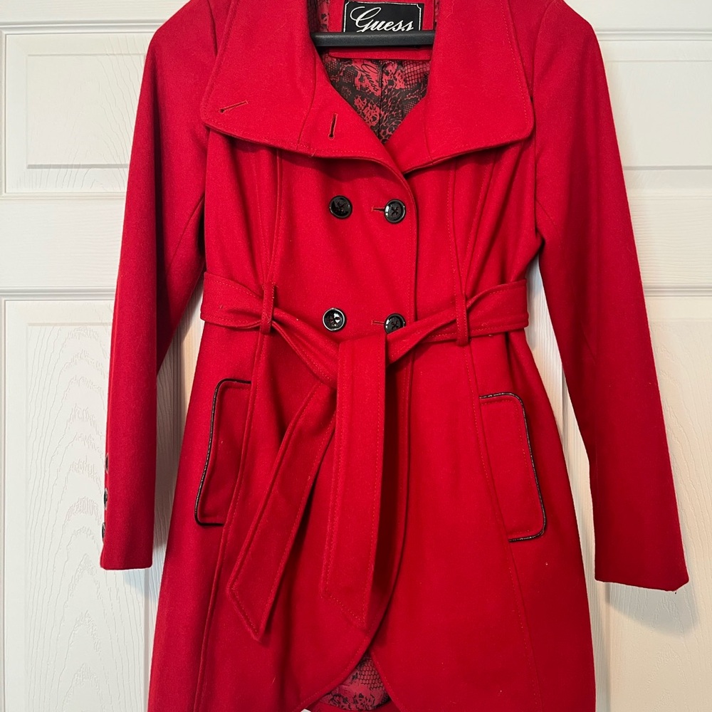 Guess Red Double-Breasted Belted Trench Coat